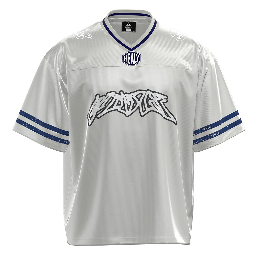 HEALY Silver White Simple Stripped Street Wear Vintage Loose V-neck Football Jersey High Quality Custom T-shirt 1