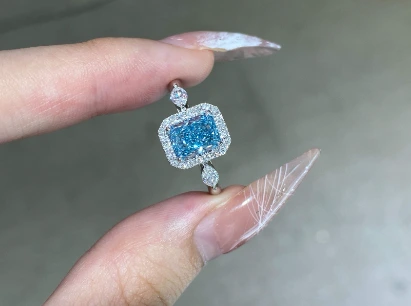 1.22 Ct Radiant Cut Lab Grown Blue Diamond Ring in 18K White Gold Double Halo Statement Ring 1