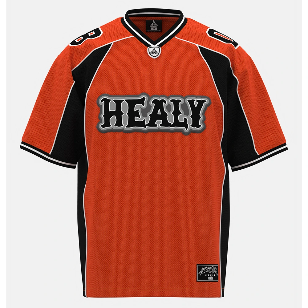 HEALY Orange & Black Contrast American Mesh Jersey Print Short Sleeve Streetwear Top V-neck Breathable Lightweight Soccer Wear 1