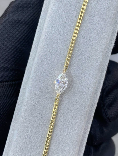 1Ct 18k Yellow Cuban Single Diamond Bracelet Marquise Cut Lab Grown Diamond Bracelet Round Diamond Bracelet 1