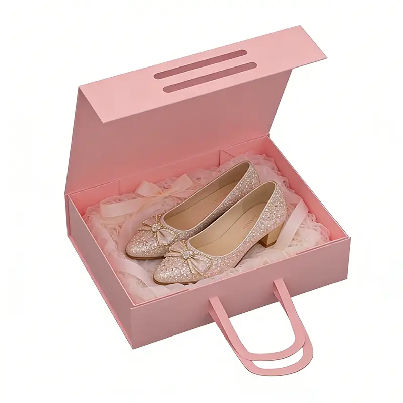 صندوق قابل للطي مغناطيسي وردي اللون، مصنوع من ورق معاد تدويره، ببطانة مربعة، ومقاس مخصص، مع مقبض، وتغليف لامع. 1