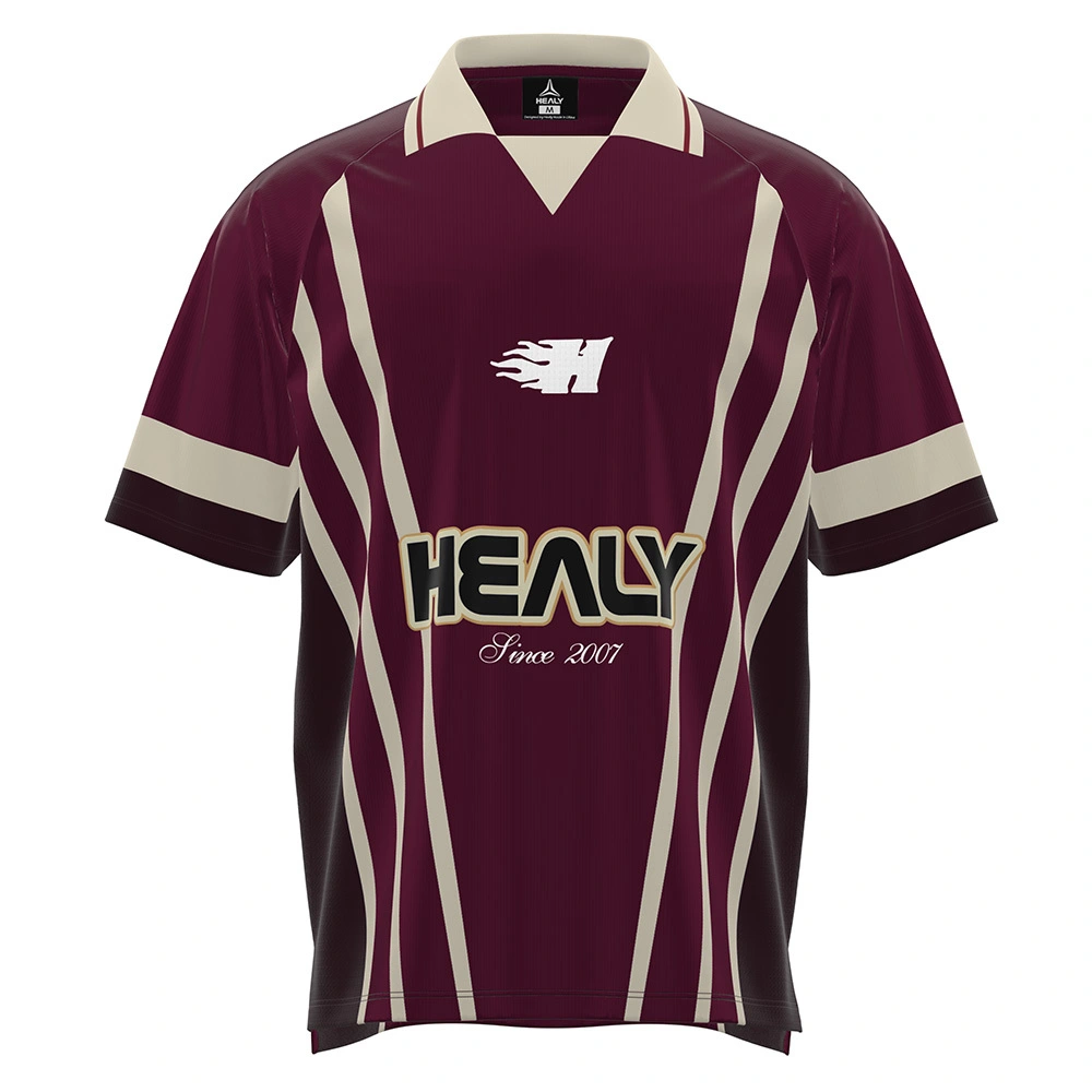 Street Wear HEALY Stripe Print V-neck Jersey Color Block Breathable Loose Tee Custom Sublimation Burgundy Football Jersey 1
