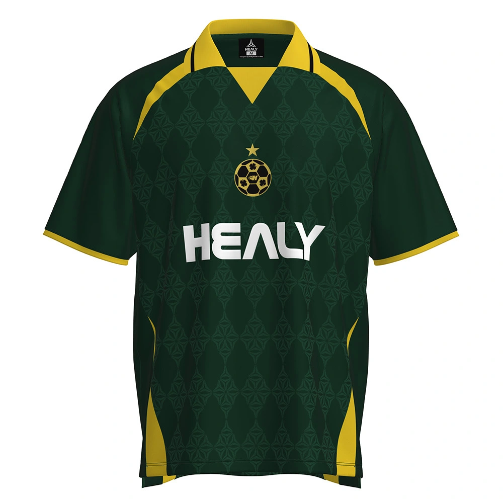 HEALY Dark Green & Yellow Contrast American Soccer Jersey Geometric Embossed Badge Print V-neck Short Sleeve Men Sport Shirts 1
