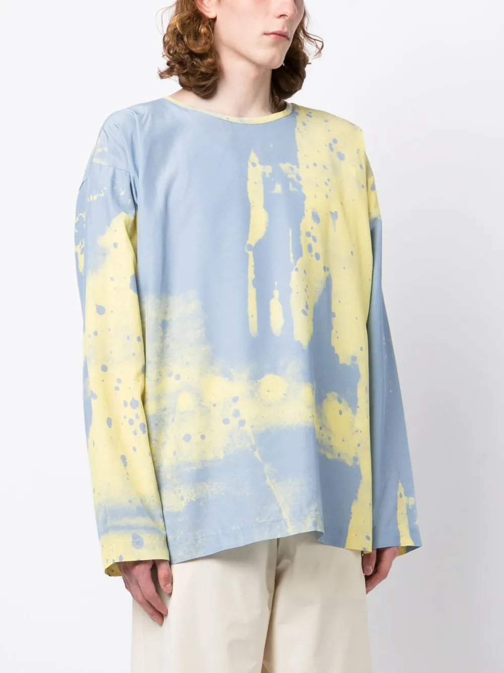 250GSM Blue & Yellow Tie-Dye Viscose Oversized Crewneck Long-Sleeve T-Shirt with Elasticated Hem 1