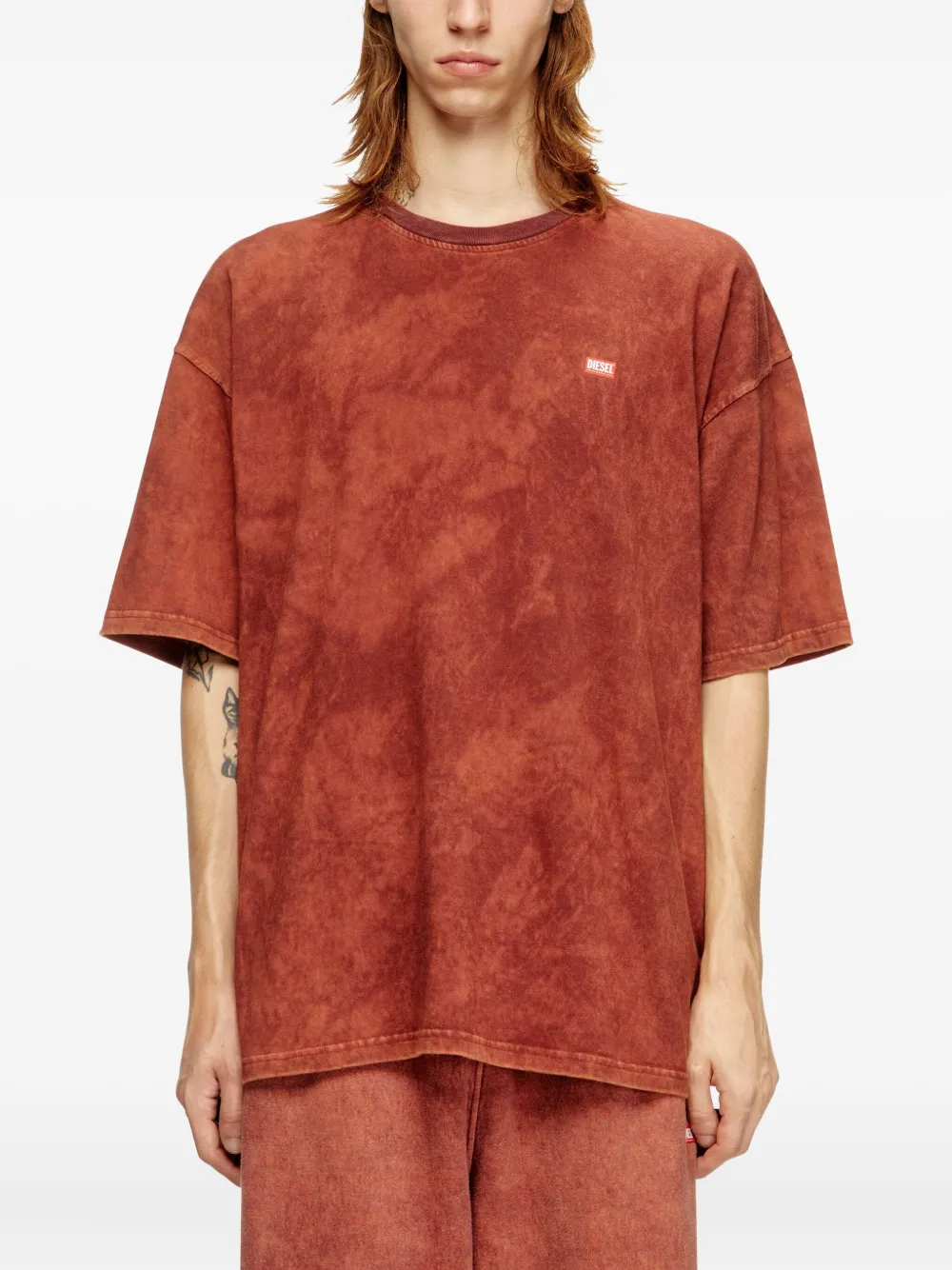 250GSM Red Tie-Dye Cotton-Blend Oversized Crewneck T-Shirt 1