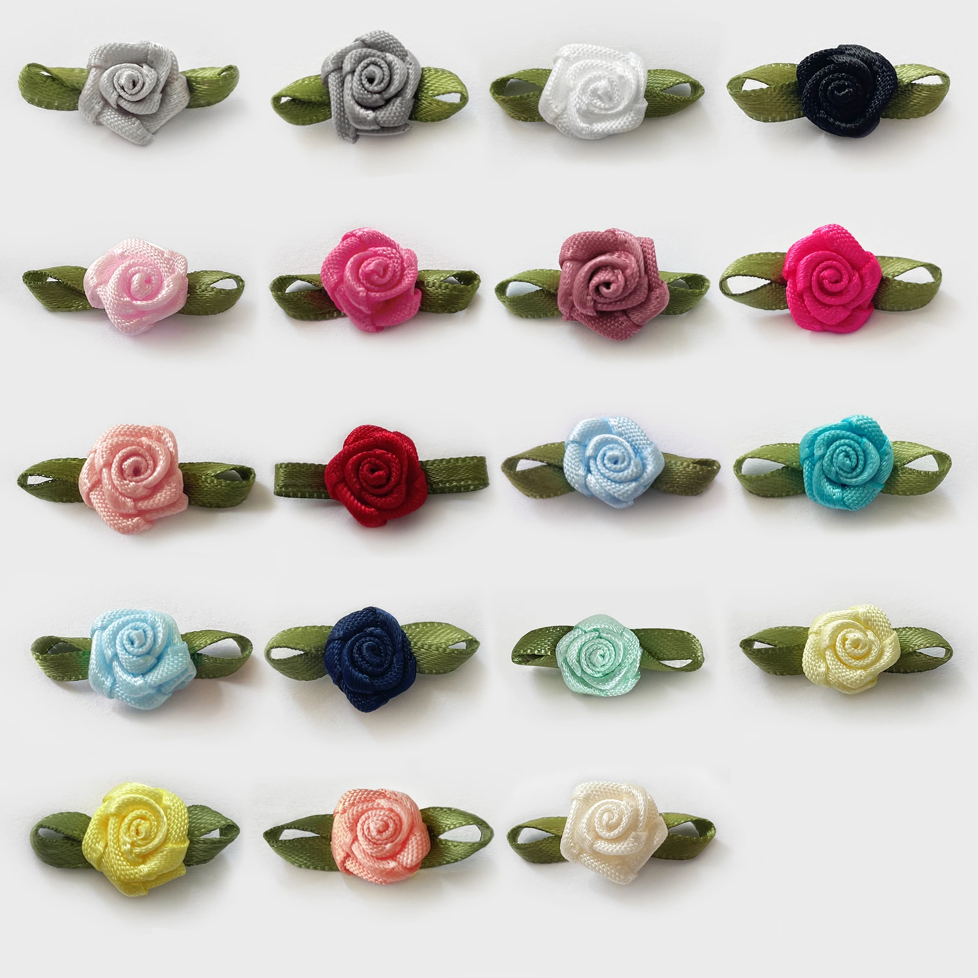 Mini rose in raso fatte a mano con fiocchi di foglie verdi – Fiori artificiali di alta qualità per matrimoni, abbigliamento e fai da te 1