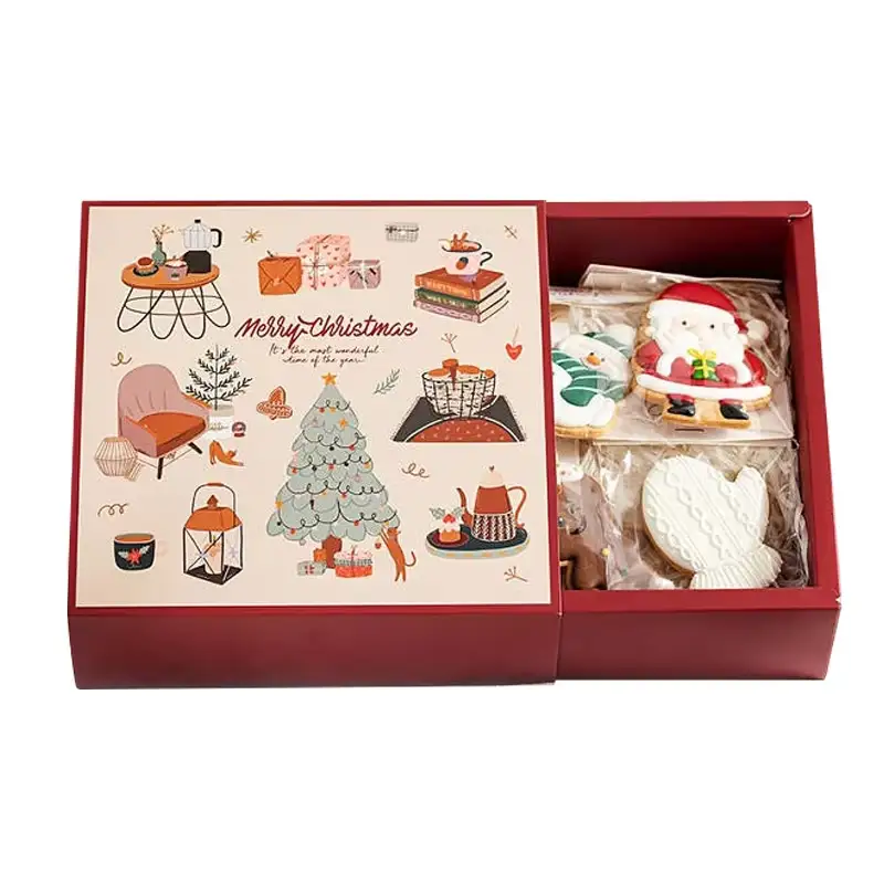 علبة تغليف طعام على شكل درج من الورق المقوى القابل لإعادة التدوير، بنمط مخصص، مغلفة بطبقة لامعة غير لامعة، مثالية لتغليف بسكويت عيد الميلاد كهدية. 1