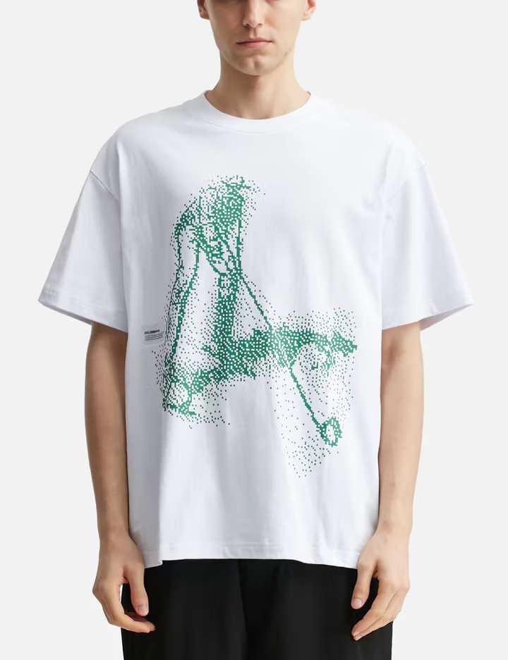 Men's White 280GSM Cotton Tee with Green Dot Matrix Graphic 1