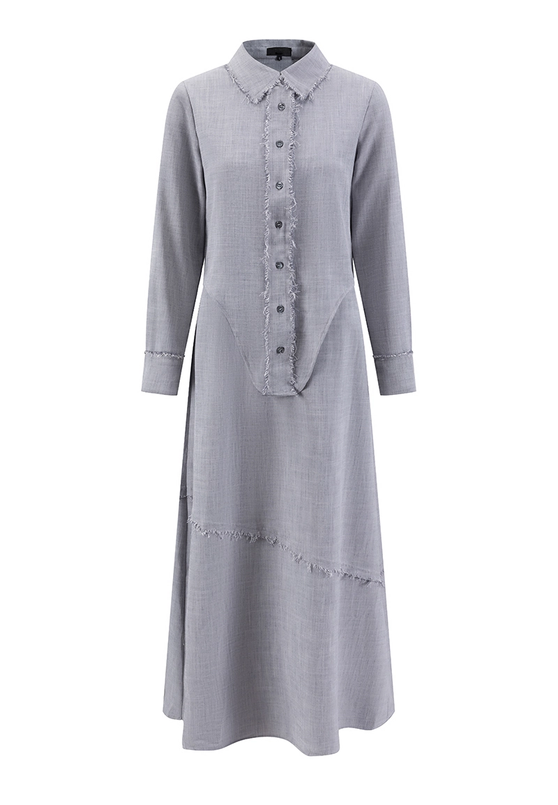 Grey Linen Blend Shirt Midi Dress with Frayed Tassel Details Vepeen Apparel 1