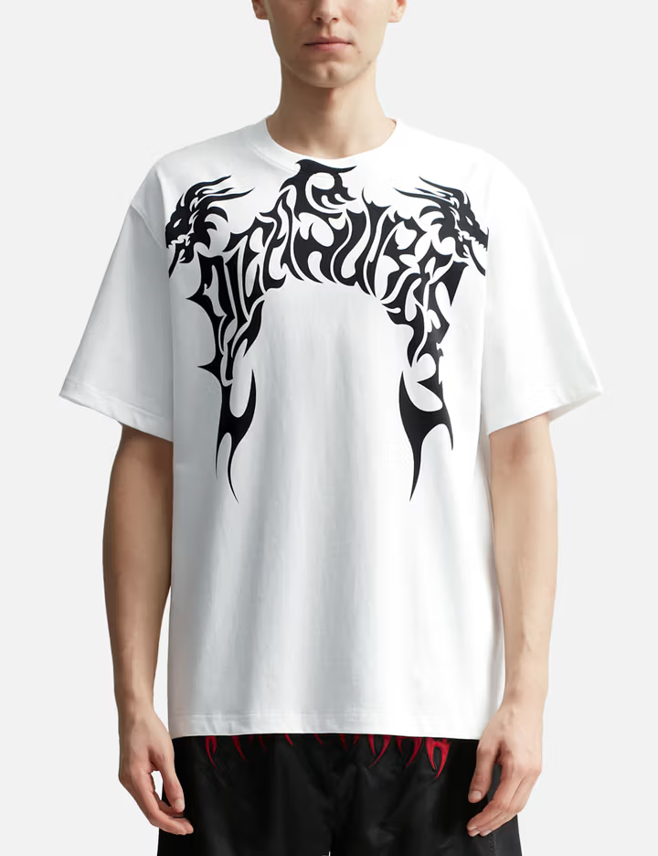 Men's White 320GSM Heavyweight Cotton Tee with Tribal Dragon Graphic 1