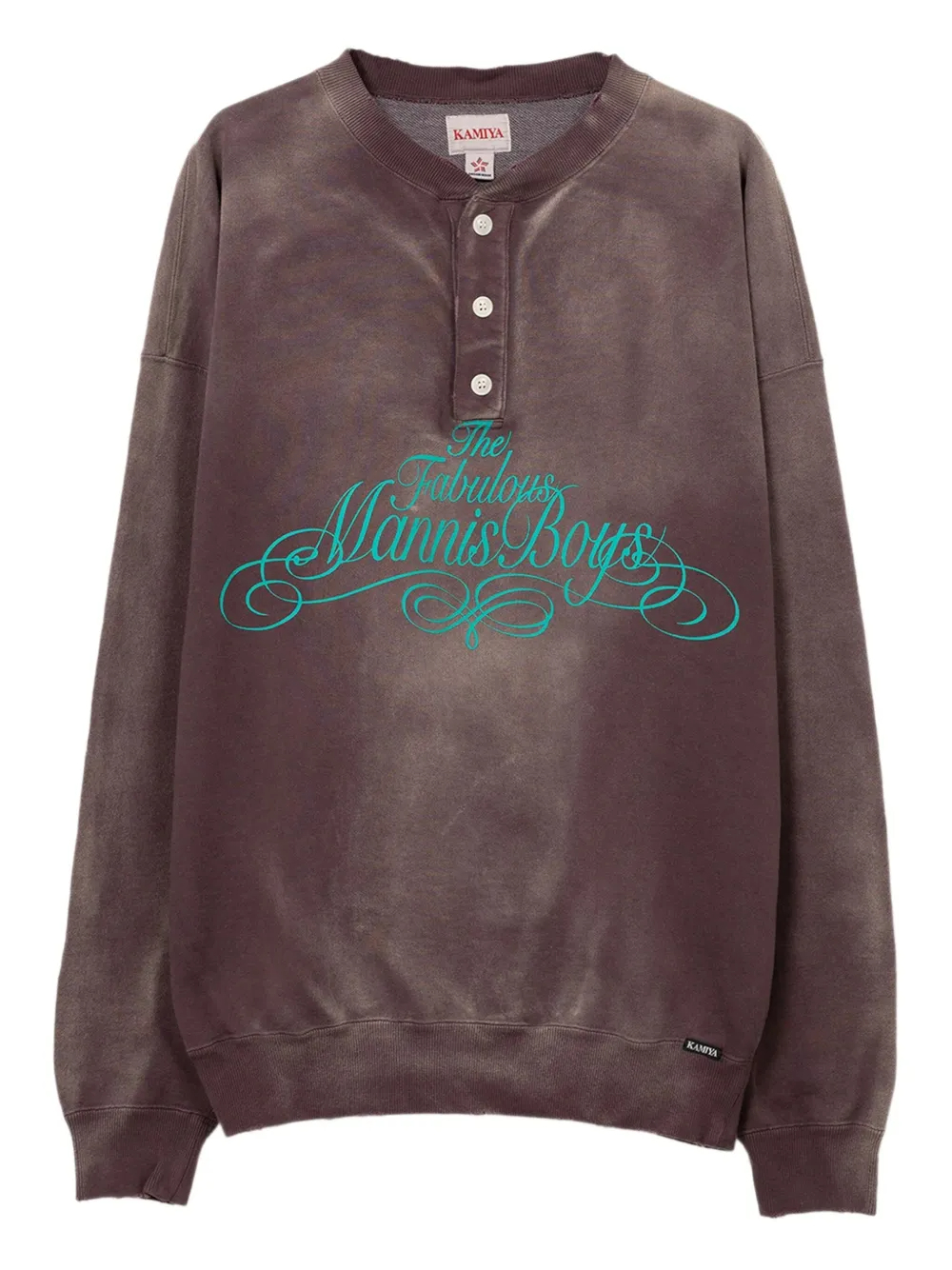 Men's Brown 400GSM Super Heavyweight Cotton Henley Long Sleeve Tee with Distressed Print & Rib Cuffs 1