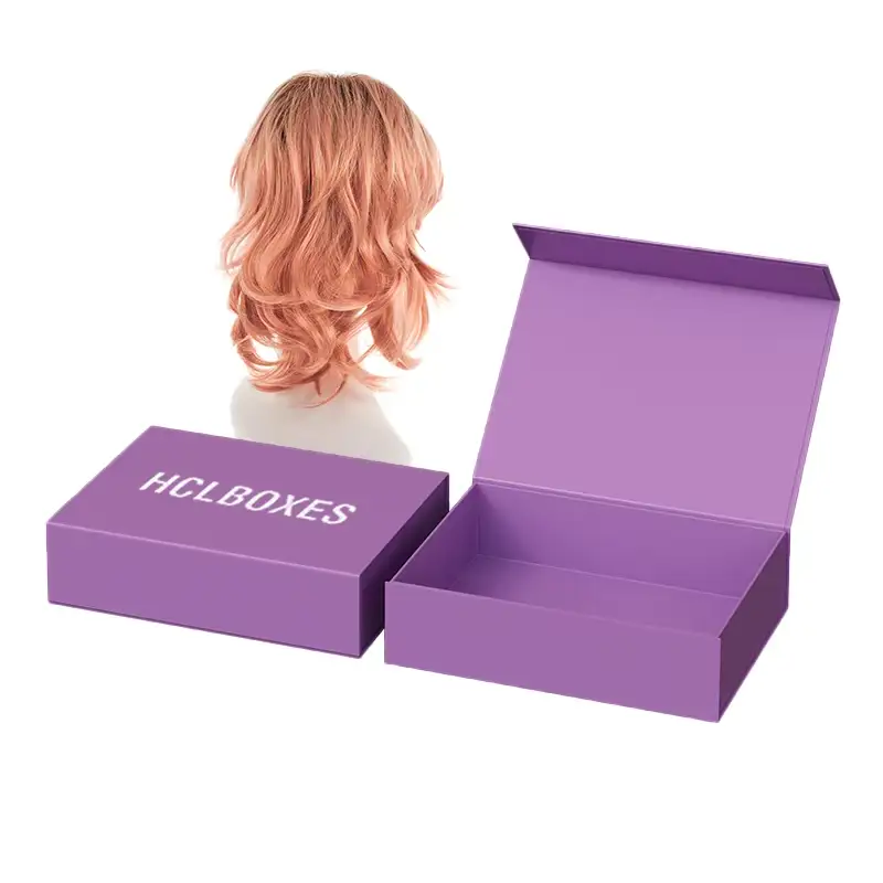 تصميم مخصص للمجموعات، شعار، حجم، لون، بنفسجي، إغلاق مغناطيسي، علب صلبة قابلة لإعادة التدوير، تغليف ورقي للشعر المستعار، علبة مغلفة بطبقة لامعة 1