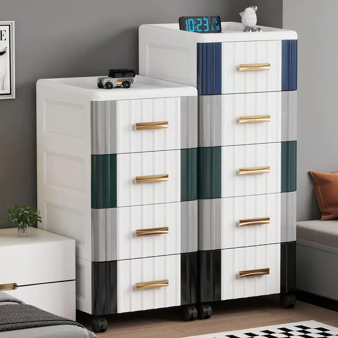 Hongxing Plastic Storage Cabinets with Drawers，Luxury Mobile Bedside Cabinet 1