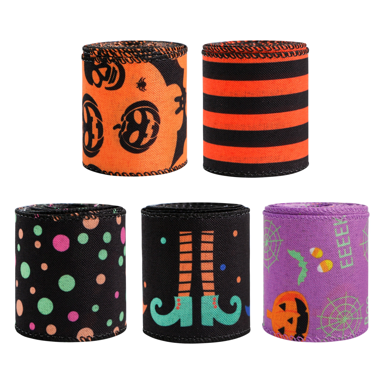 Customizable Halloween Burlap Ribbon - Orange & Black Jack-O-Lantern Pattern Wired Edge Ribbon 1