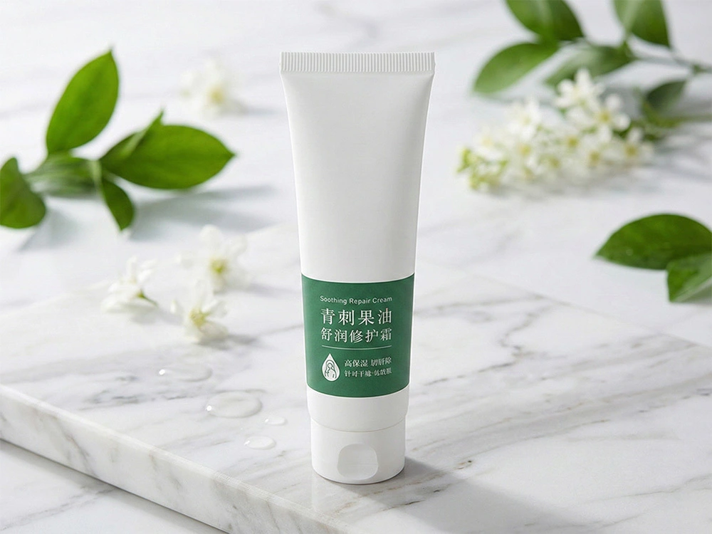 Tubo de PE blanco mate para crema reparadora con bloque de color verde, 150 g, 45 mm 1