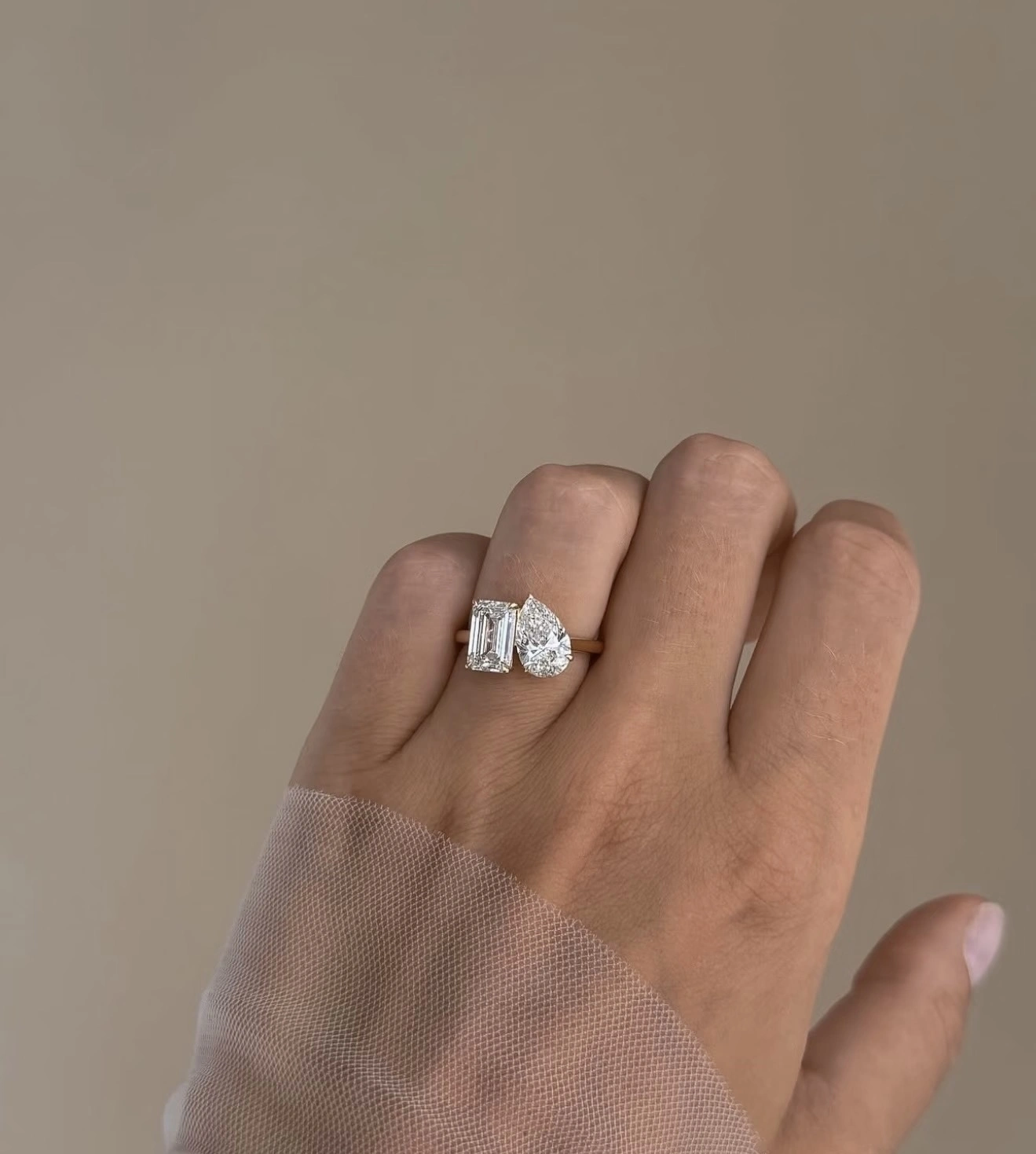 18K Lab Diamond Ring 2ct Pear and Emerald Double-stone ring - classic engagement ring 1