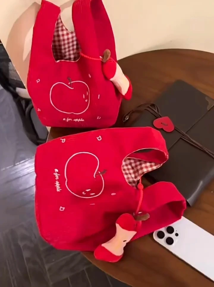Red Apple Corduroy Tote Bag Set 25/30cm Soft Stuffed Apple Charm, Cute Cartoon Apple Embroidery, Ideal for Daily Use & Gifting 1