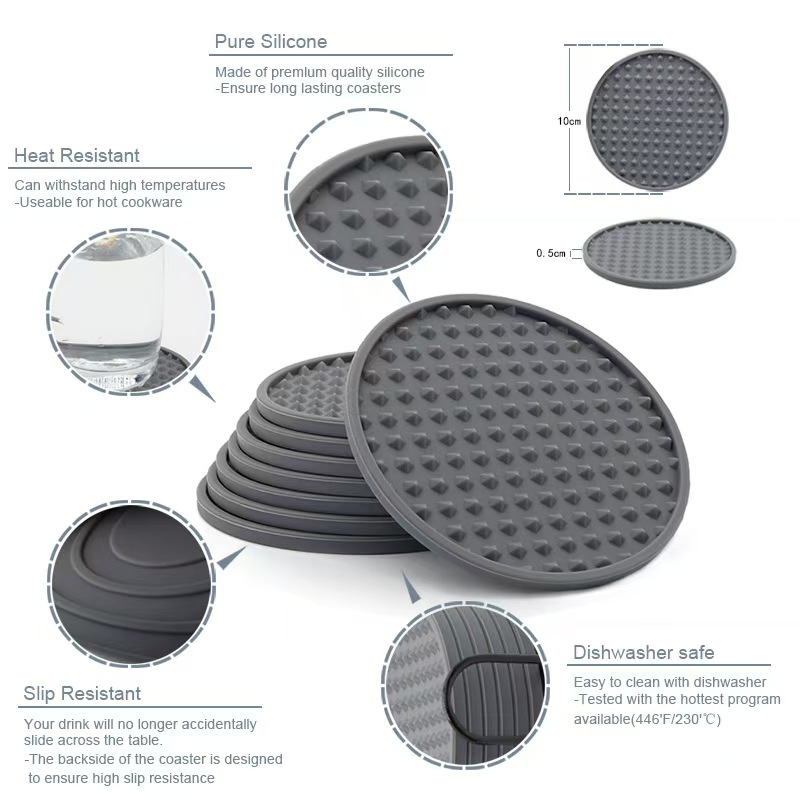 Posavasos de silicona negra premium para bebidas, juego de posavasos redondos absorbentes y antideslizantes para mesa de centro, manteles individuales resistentes al calor para tazas. 3
