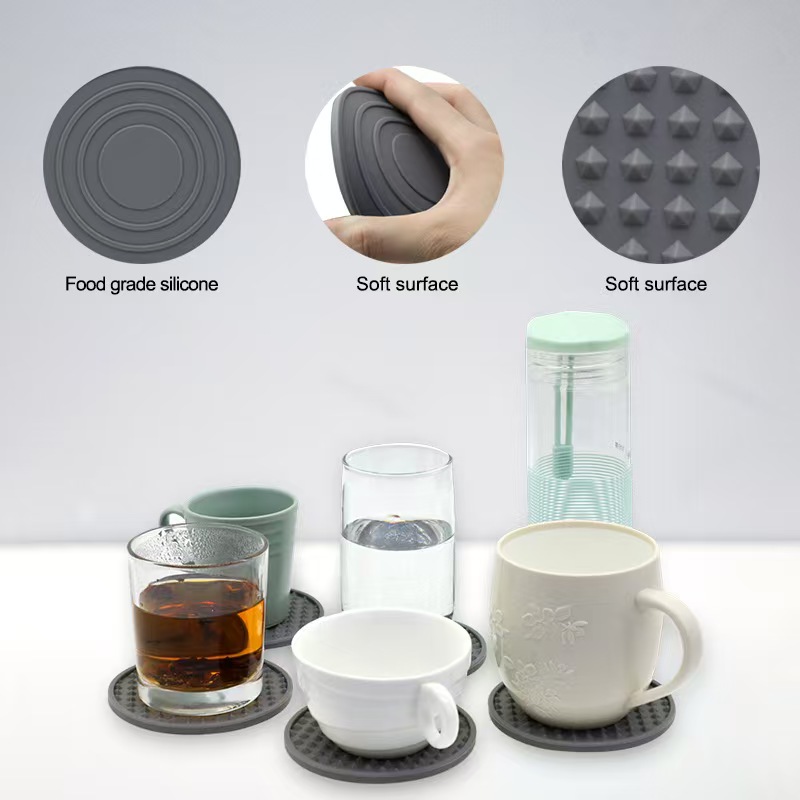Posavasos de silicona negra premium para bebidas, juego de posavasos redondos absorbentes y antideslizantes para mesa de centro, manteles individuales resistentes al calor para tazas. 4