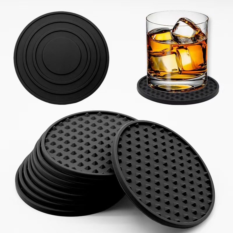 Posavasos de silicona negra premium para bebidas, juego de posavasos redondos absorbentes y antideslizantes para mesa de centro, manteles individuales resistentes al calor para tazas. 1