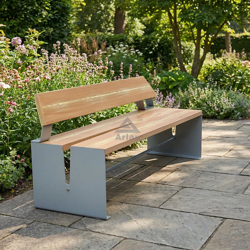 Modern Outdoor Bench - Galvanized Steel with Wood Grain Finish 1