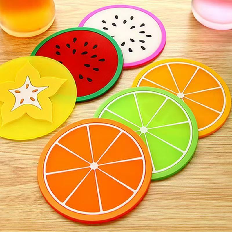 Posavasos de silicona redondos con estampado de frutas de colores, gruesos y antideslizantes, para vajilla. 4