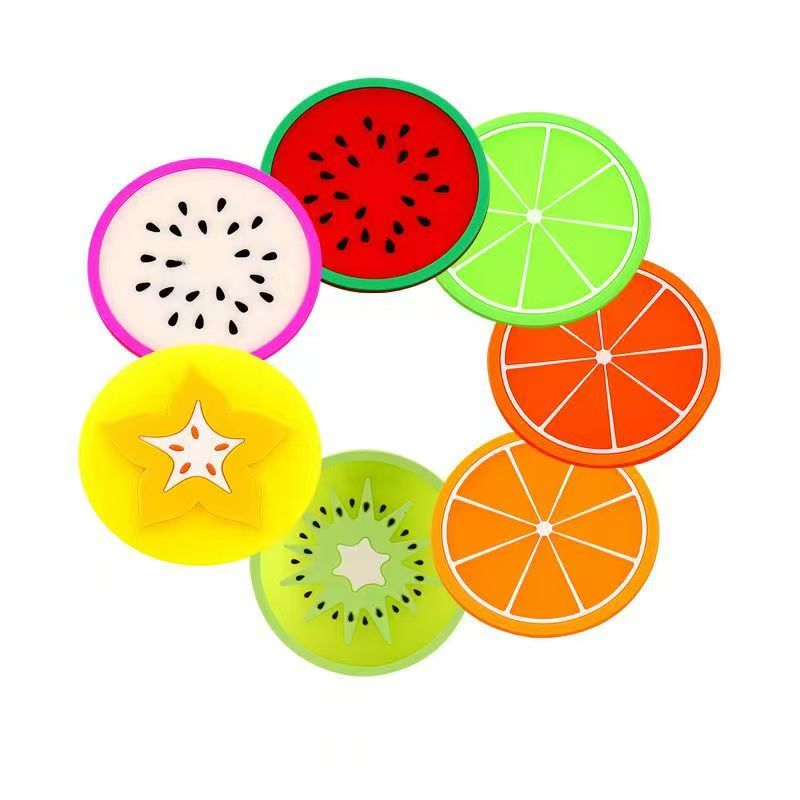 Posavasos de silicona redondos con estampado de frutas de colores, gruesos y antideslizantes, para vajilla. 2