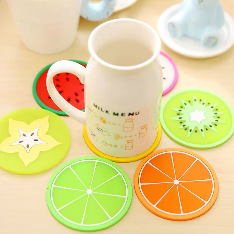 Posavasos de silicona redondos con estampado de frutas de colores, gruesos y antideslizantes, para vajilla. 3