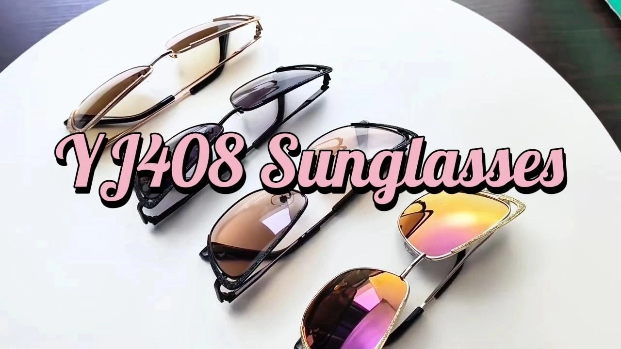 Солнцезащитные очки YJ408 «кошачий глаз» с двухслойной оправой, металлическим каркасом и блестящими акцентами для создания гламурного образа. Легкая металлическая конструкция. 1