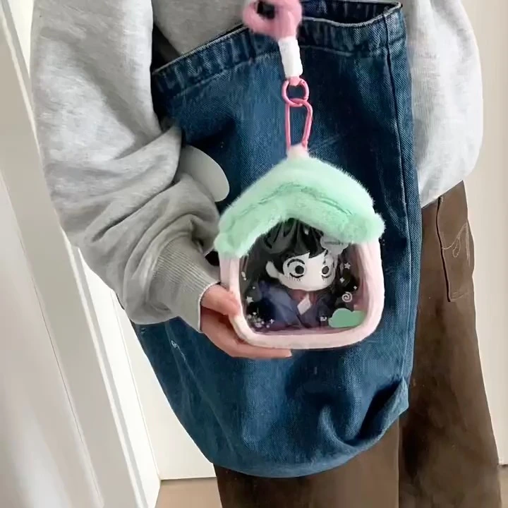 Kawaii Plush Ita Pouch 14cm Transparent Window Mini Bag, Furry Trim Design, Ideal for 10cm Plush Dolls & Idol Photocards 1