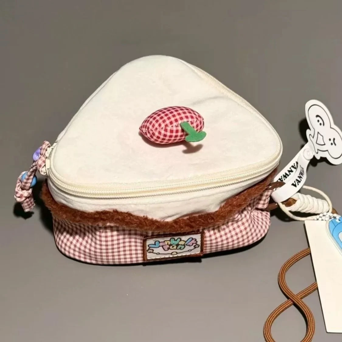 17*17*9cm  Strawberry Shortcake Plush Crossbody Bag  3D Fruit Charm, Gingham & Fleece Patchwork, Ideal for Cosmetic Storage & Daily Carry 1