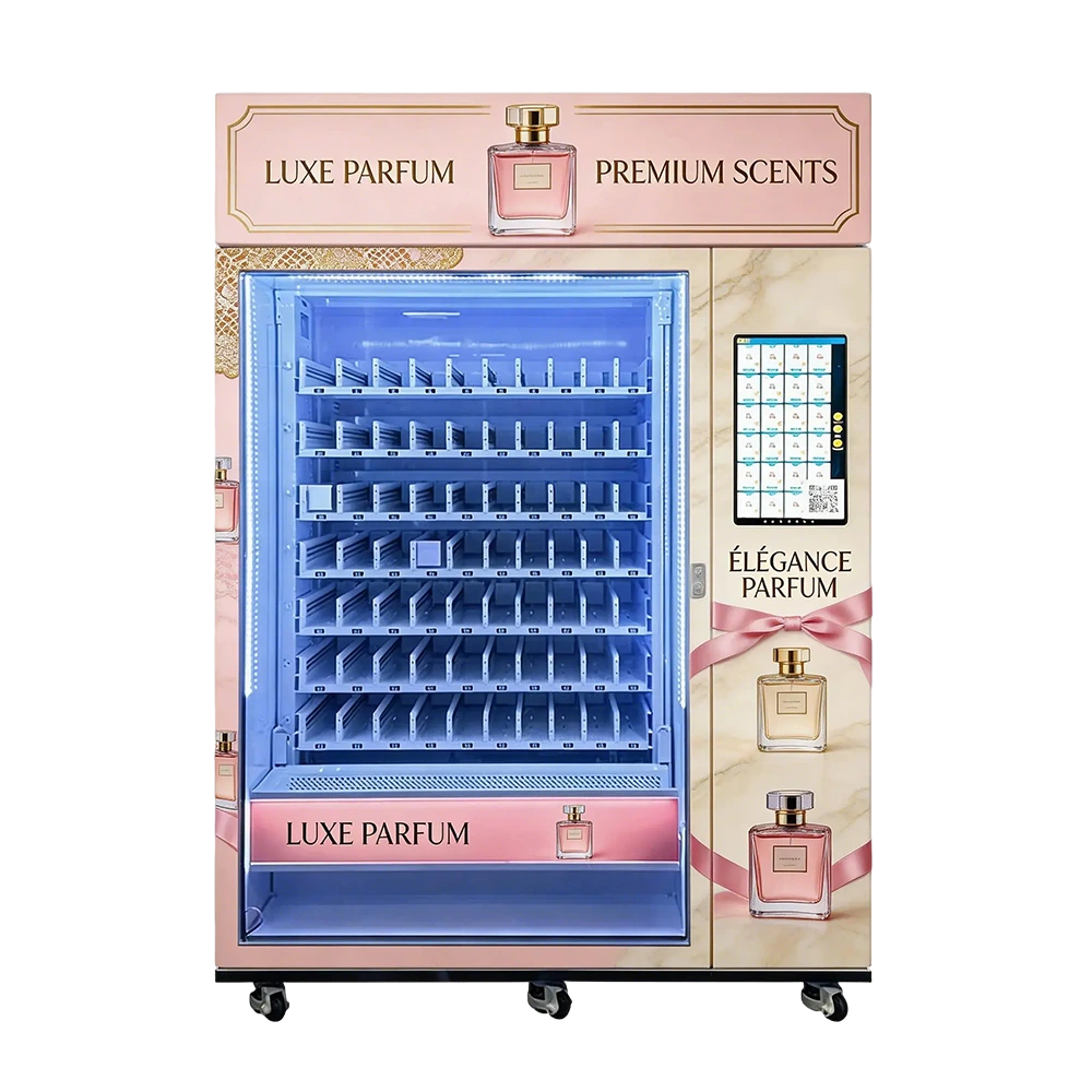 WEIMI perfume vending machine in luxury mall displaying premium fragrances with interactive 21.5-inch touchscreen for instant sales.