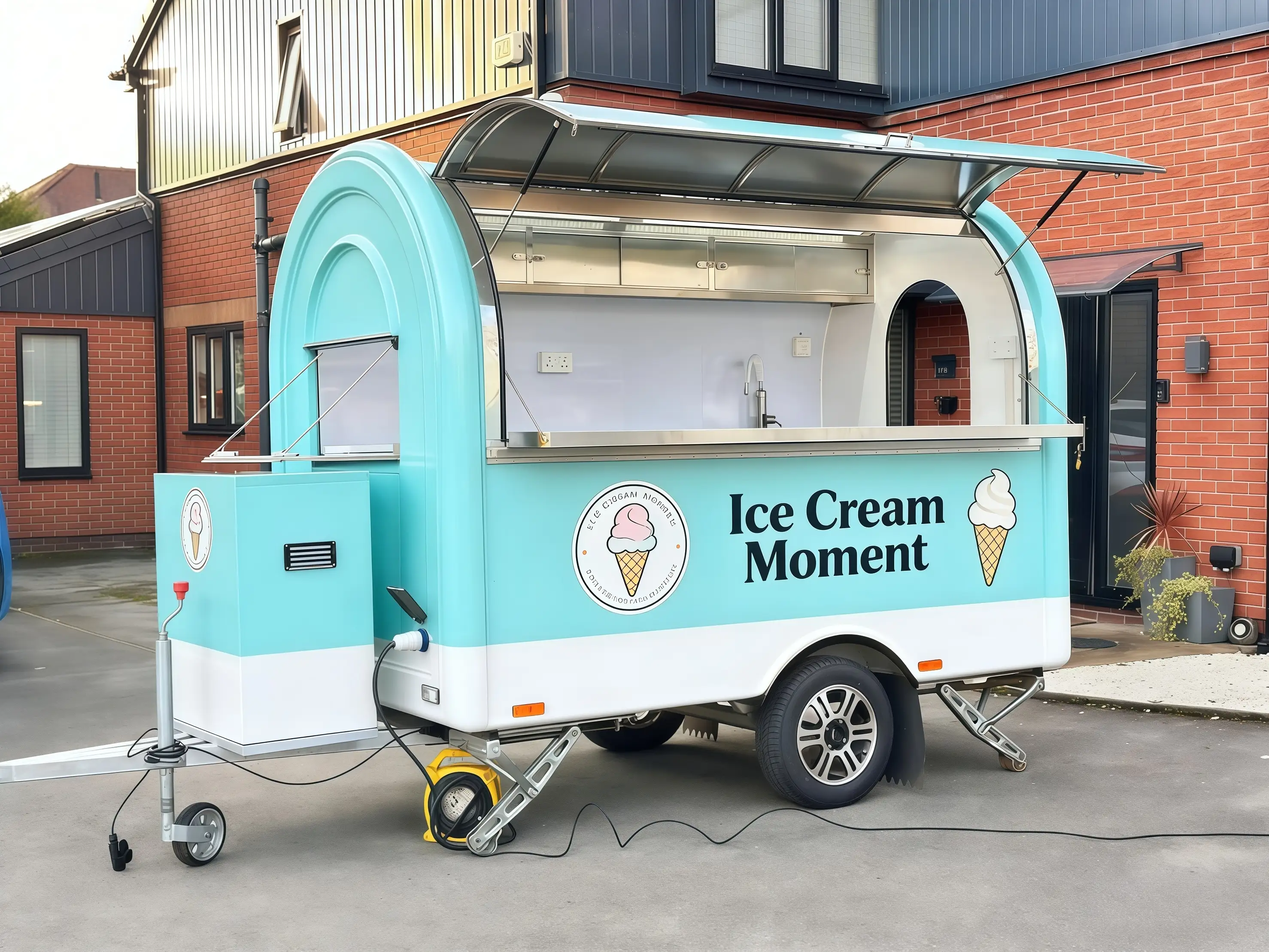 شاحنة طعام صغيرة متنقلة رخيصة الثمن، تقدم الهوت دوغ والآيس كريم والوجبات السريعة، مزودة بعجلات، معروضة للبيع في الولايات المتحدة الأمريكية. 1