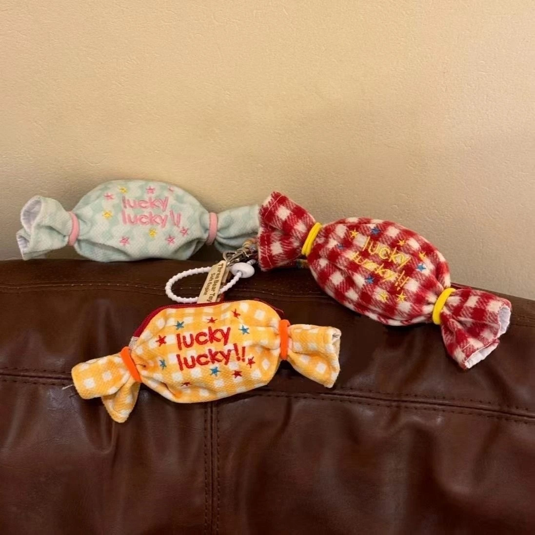 Kawaii Candy Shaped Plush Pouch 12cm Premium Fleece Zipper Bag, Gingham & Dotted Design, Perfect for Coins & Earbuds 1