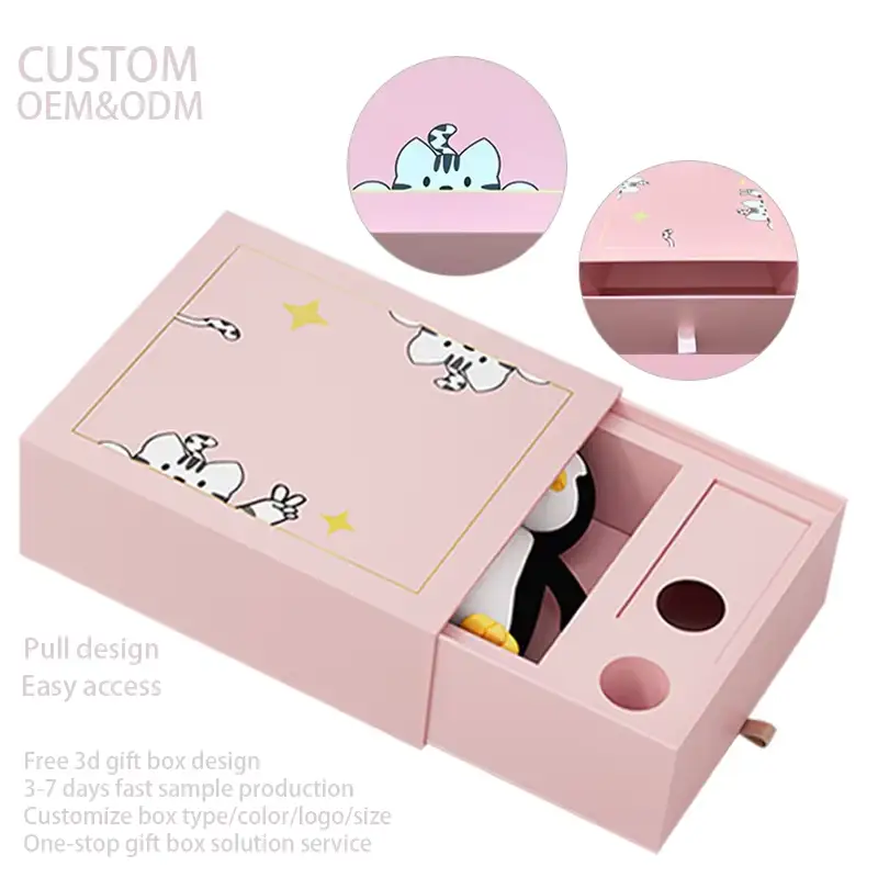 صندوق كرتوني قابل لإعادة التدوير، وردي اللون، قابل لإعادة التدوير، ذو درج صلب، مزين بشعار بارز ومغلف بطبقة لامعة غير لامعة، مخصص لمجوهرات الدمى، مزود بإغلاق مغناطيسي. 1