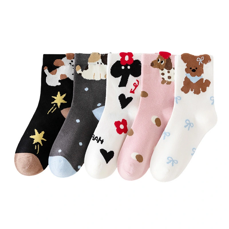 جوارب أطفال محبوكة بالجملة، جوارب خريفية بخمسة أنماط، بنقشة كلب لطيف، جوارب طويلة HYC-123 1