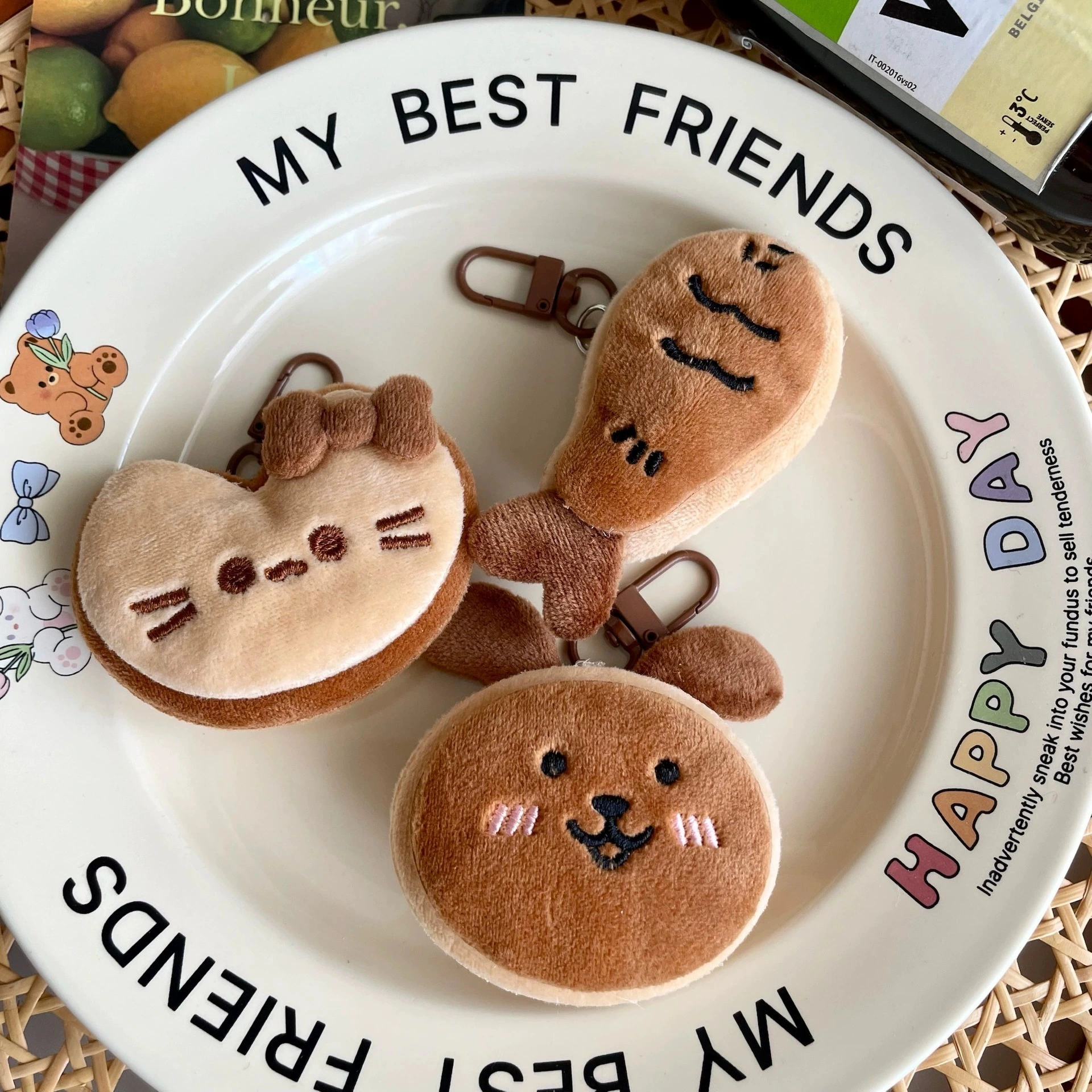 Puppy & Bear Plush Keychain Set 9cm Soft Stuffed Charms, Paw/Bone/Bear Head/Chicken Leg Design, Ideal for Bag Decoration & Gifting 1