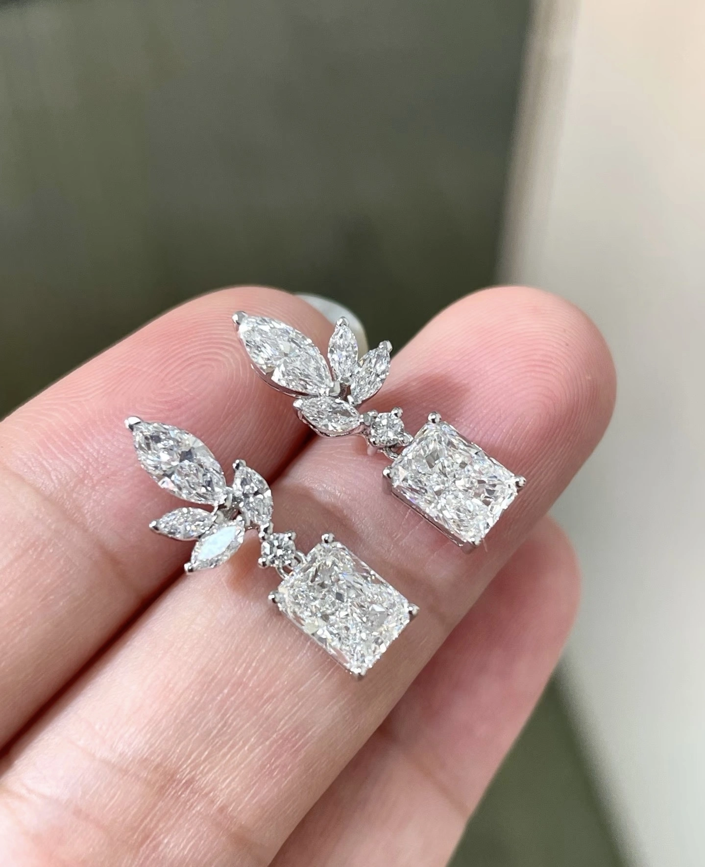 18K Lab Diamond Earrings 2ct Rediant Customized earrings with side stones with IGI certification 1