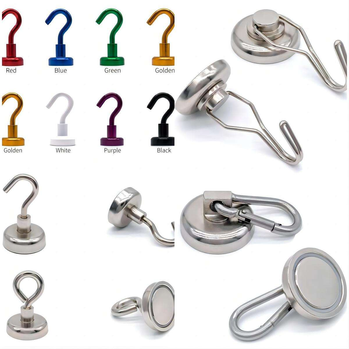 Powerful neodymium magnetic hooks with heavy load capacity. No drilling required, rustproof and reusable. Perfect for organizing items on metal walls, refrigerators, lockers and tool cabinets.