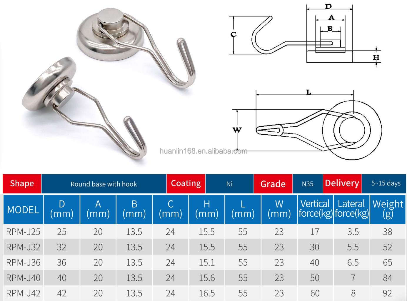 Powerful neodymium magnetic hooks with heavy load capacity. No drilling required, rustproof and reusable. Perfect for organizing items on metal walls, refrigerators, lockers and tool cabinets.