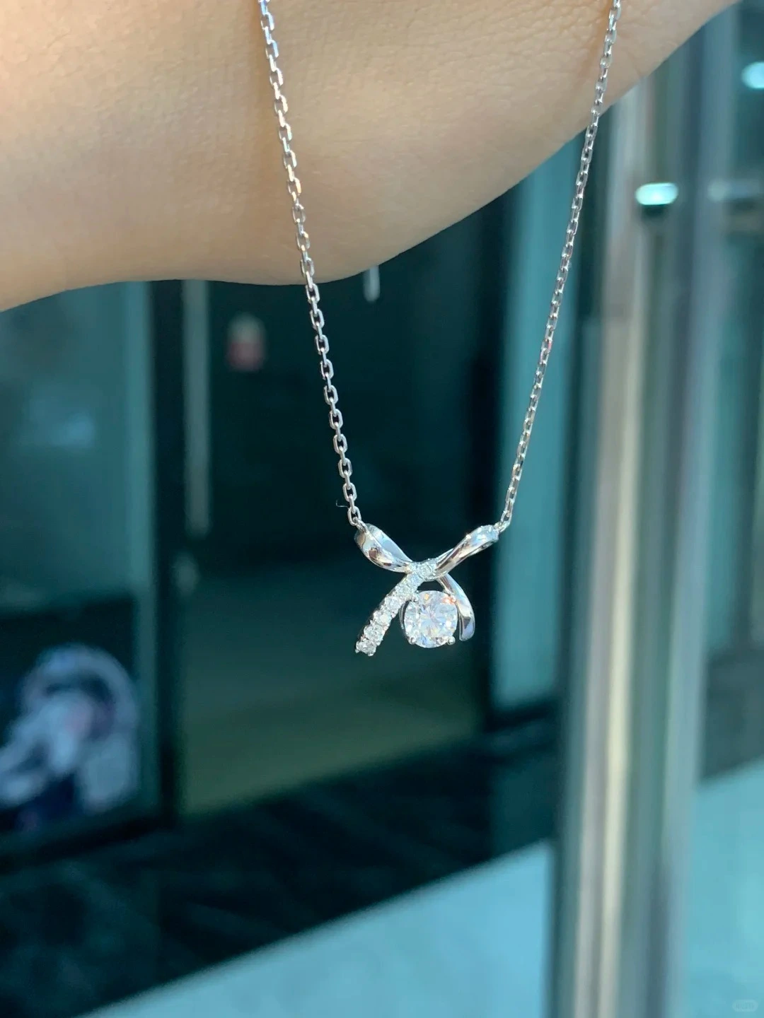PT950 Platinum Bow Knot Pendant Necklace | 1CT Round Brilliant Cut Lab-Grown Diamond with Sterling Silver Pave Accent Stones 1