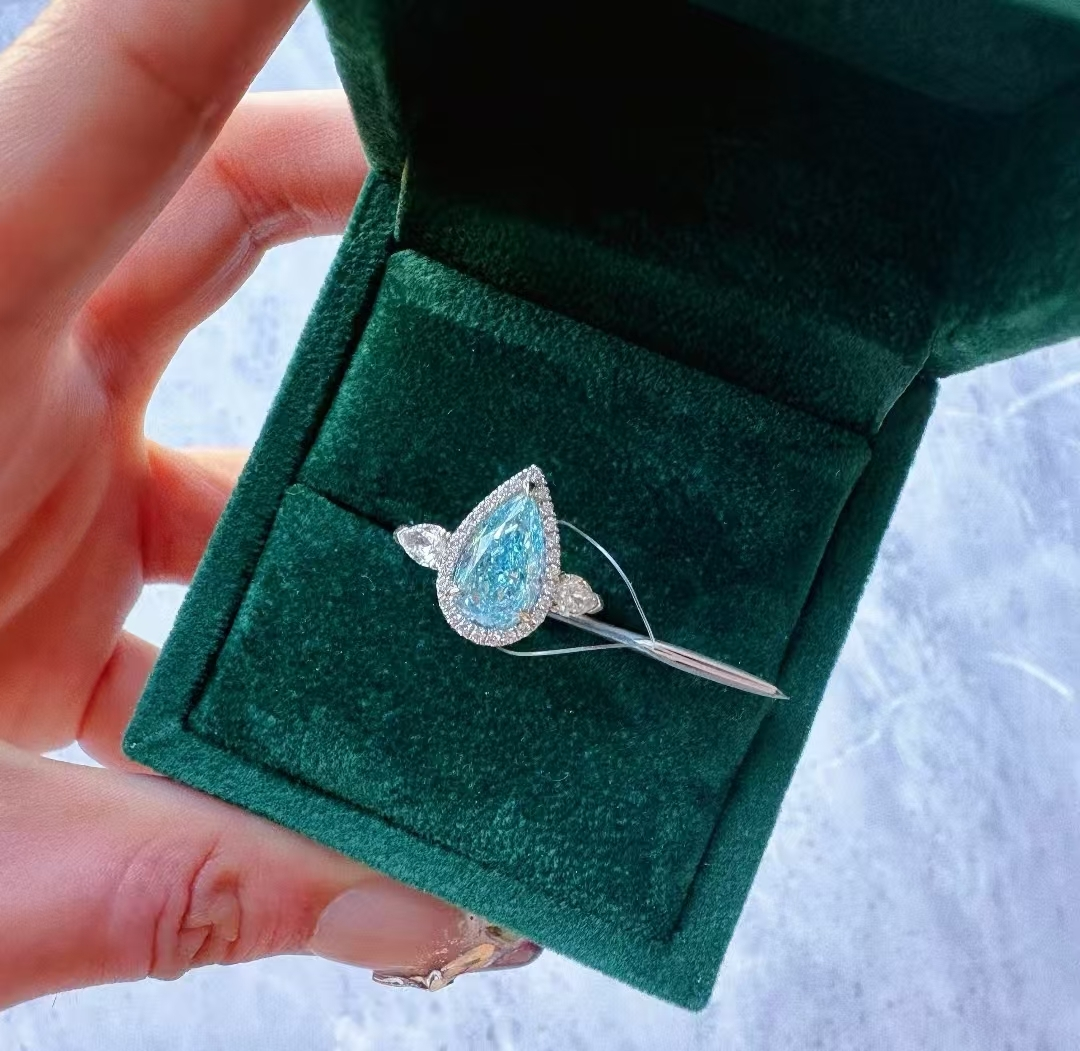 2.32ct Pear Cut Lab Grown Blue Diamond Halo Setting Engagement Ring IGI Certified 1