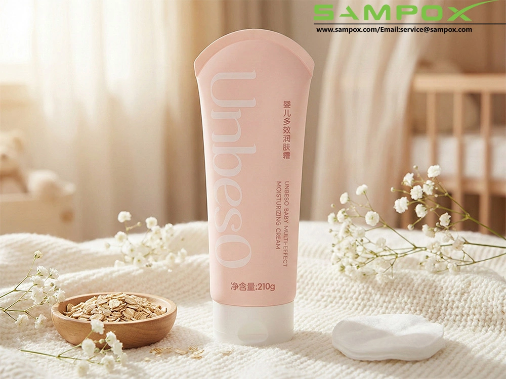 Tubo de crema para bebés de polietileno ovalado color melocotón mate con cola arqueada, 210 g, 50 mm 1