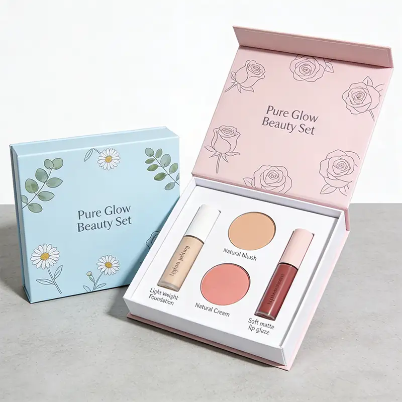 مجموعة هدايا منتجات العناية بالبشرة من ورق مقوى مربع قابل لإعادة التدوير، مصنوعة من مواد تجميل طبيعية، مع علبة مستحضرات تجميل بنية اللون. 1