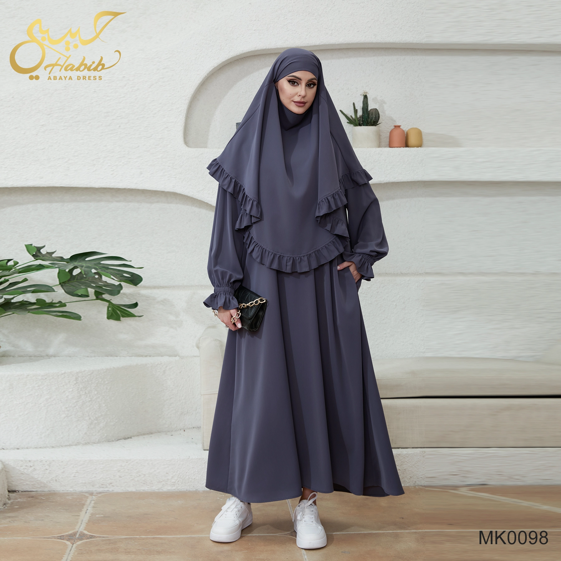 Ruffle Edge Khimar Prayer Abaya Set Solid Color 1