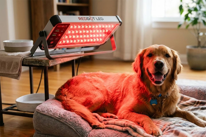 The happy dog is undergoing red light therapy. Benefits of Red Light Therapy for Canine Skin Diseases 1