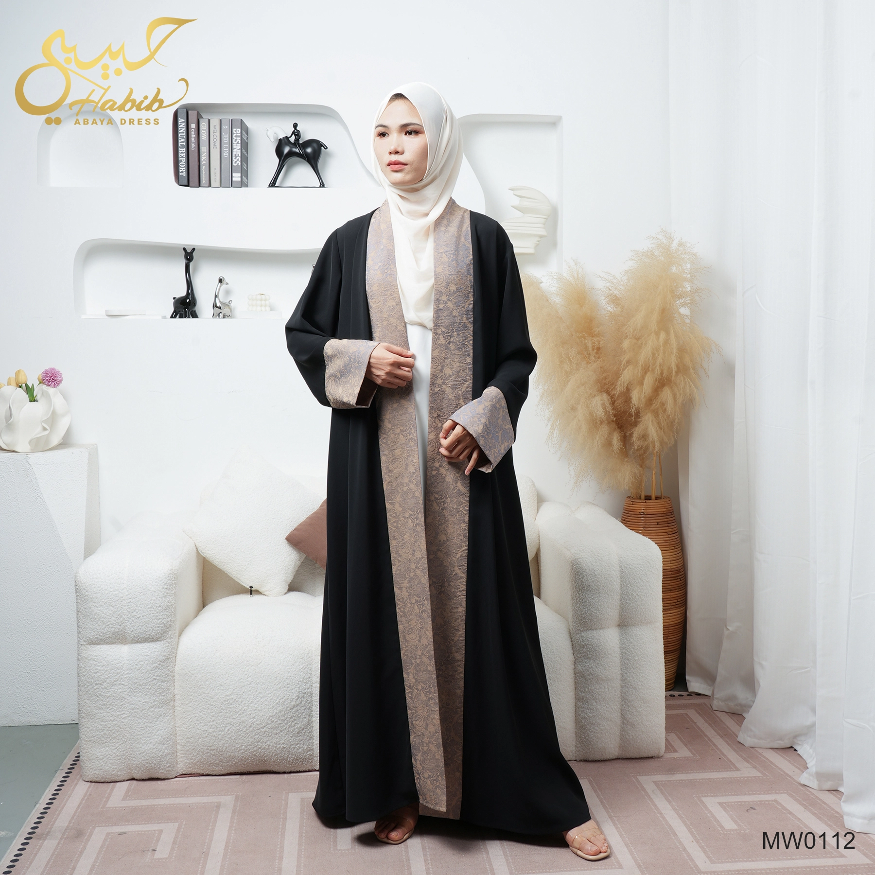 Jacquard Two Tone Abaya Set Islamic Clothing Kimono with Hijab 1