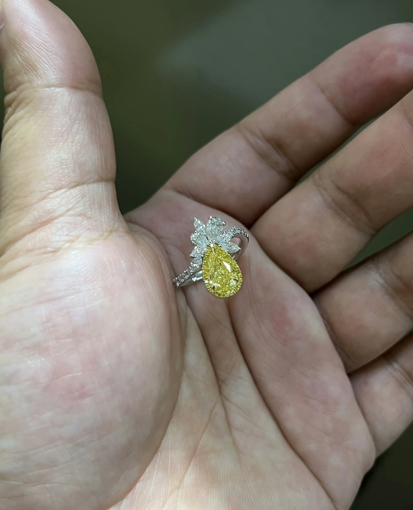 Statement Pear-Cut Cultured Yellow Diamond 18K White Gold Ring 1