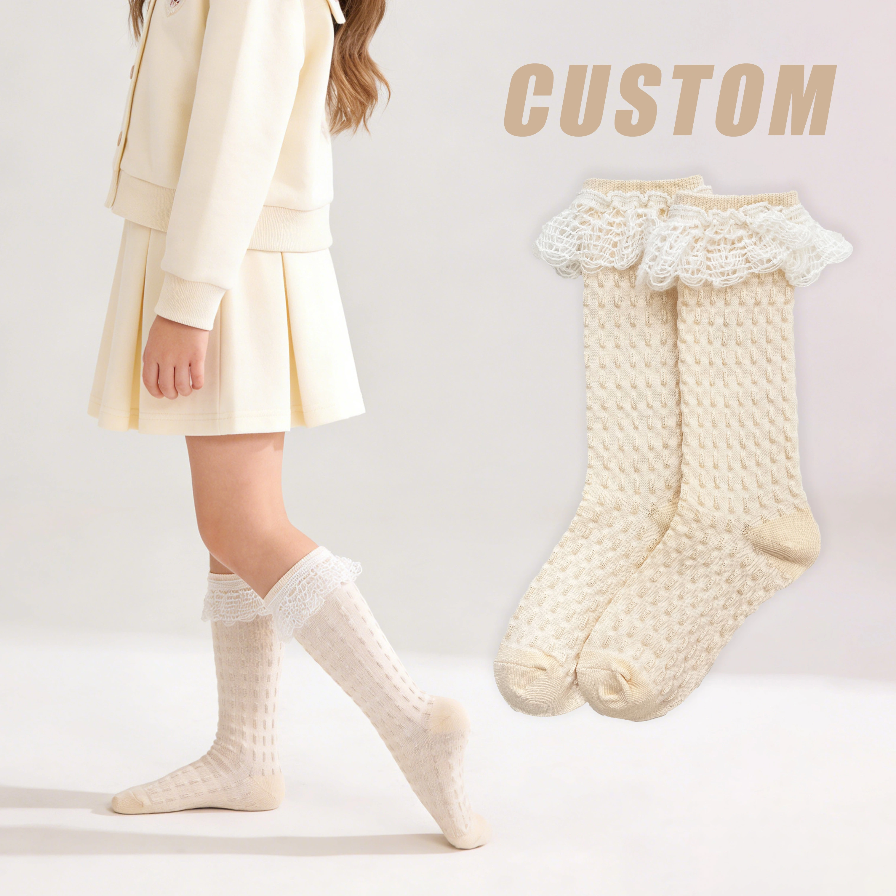 Вязаные носки с оборками для девочек, дышащие, до середины икры, с кружевной отделкой HYC-145 1