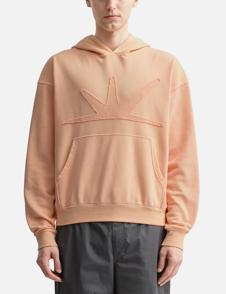 男士蜜桃色300GSM棉混紡連帽衫，正面飾有旭日刺繡，華夫格襯裡帽子 1